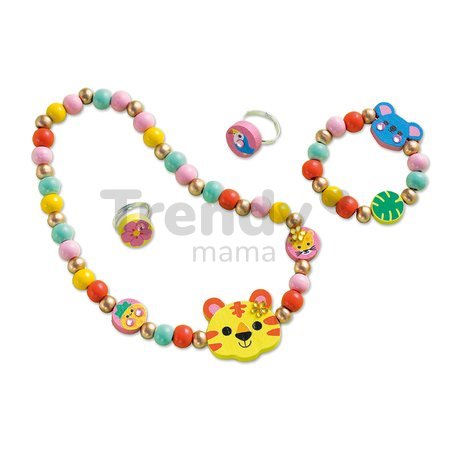 Sada na výrobu šperkov Drevené korálky Džungľa Wooden Jewellery Secret Jungle Atelier Janod na výrobu šperkov 4 kusov šperkov od 4 rokov J09131