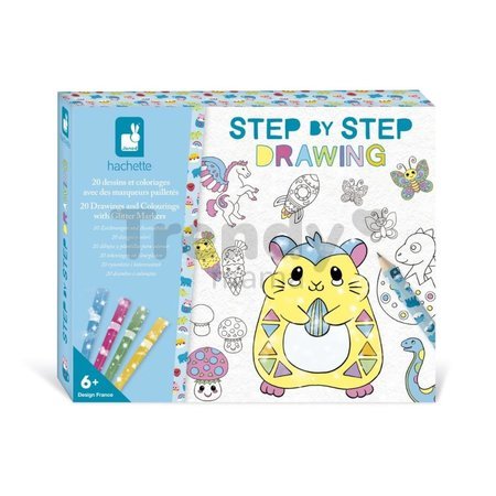 Kreatívna sada Kreslenie krok za krokom Drawings and Colourings with Glitter Markers Step by Step Janod s fixkami od 6 rokov J09157