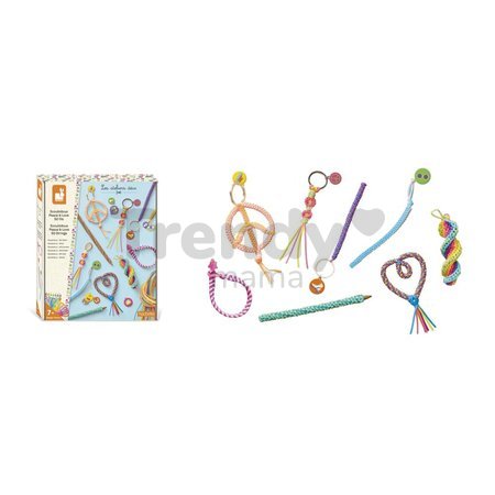 Maxi kreatívna sada Tvoríme s bužírkami Mier a láska Scoubidou Peace & Love Atelier Janod 8 dekorácií od 7 rokov J09160