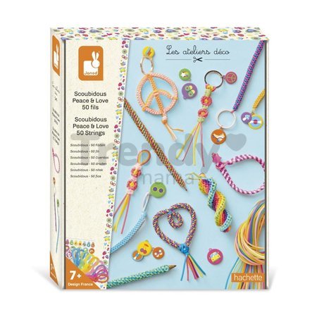 Maxi kreatívna sada Tvoríme s bužírkami Mier a láska Scoubidou Peace & Love Atelier Janod 8 dekorácií od 7 rokov J09160
