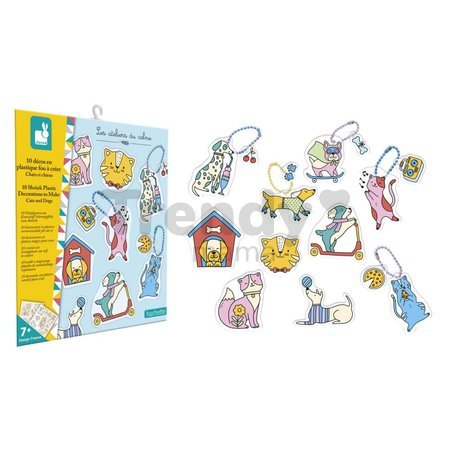 Mini kreatívna sada Zmršťovacie obrázky Shrink Plastic Decorations Cats & Dogs Atelier Janod výroba magnetiek a kľúčeniek 10 dekorácií od 7 rokov J091
