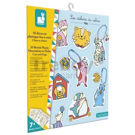 Mini kreatívna sada Zmršťovacie obrázky Shrink Plastic Decorations Cats & Dogs Atelier Janod výroba magnetiek a kľúčeniek 10 dekorácií od 7 rokov J091
