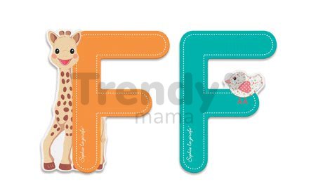 Drevené písmeno F Sophie The Giraffe Janod lepiace 7 cm oranžové/tyrkysové od 3 rokov