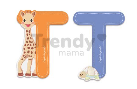 Drevené písmeno T Sophie The Giraffe Janod lepiace 7 cm oranžové/modré od 3 rokov