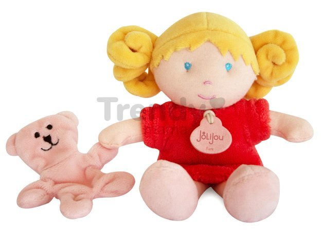 Bábika pre bábätká Mrs Corail My First Doll Jolijou 21 cm v červených šatách so psíkom z jemného textilu od 0 mes