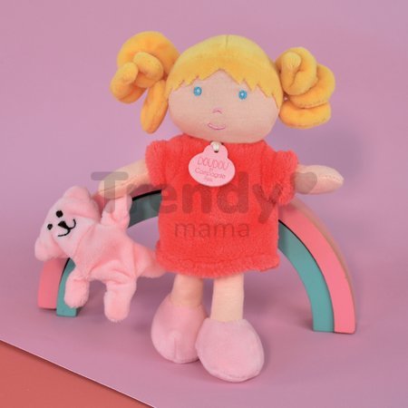 Bábika pre bábätká Mrs Corail My First Doll Jolijou 21 cm v červených šatách so psíkom z jemného textilu od 0 mes