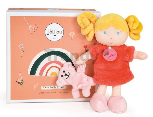 Bábika pre bábätká Mrs Corail My First Doll Jolijou 21 cm v červených šatách so psíkom z jemného textilu od 0 mes
