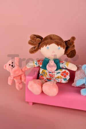 Bábika pre bábätká Mrs Petunia My First Doll Jolijou 20 cm vo vzorovaných šatách so psíkom z jemného textilu od 0 mes JJ6062