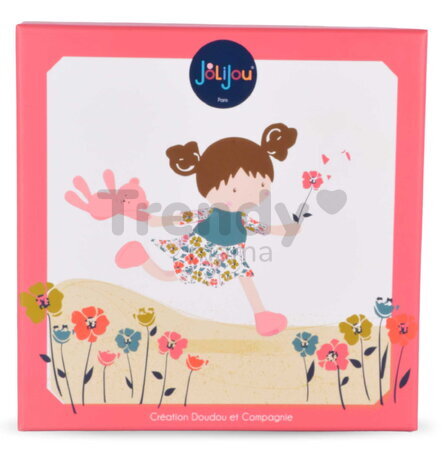 Bábika pre bábätká Mrs Petunia My First Doll Jolijou 20 cm vo vzorovaných šatách so psíkom z jemného textilu od 0 mes JJ6062