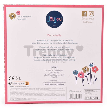 Bábika pre bábätká Mrs Petunia My First Doll Jolijou 20 cm vo vzorovaných šatách so psíkom z jemného textilu od 0 mes JJ6062