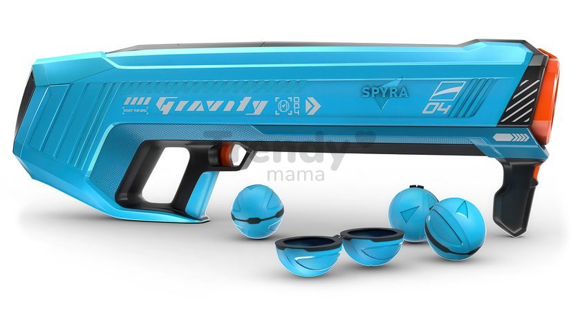 Vodný granátomet s farebným LED displejom SpyraGravity Blue Spyra s integrovanou batériou s USB-C nabíjaním a 4 vodné granáty s dostrelom 16 m