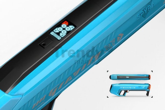 Vodný granátomet s farebným LED displejom SpyraGravity Blue Spyra s integrovanou batériou s USB-C nabíjaním a 4 vodné granáty s dostrelom 16 m