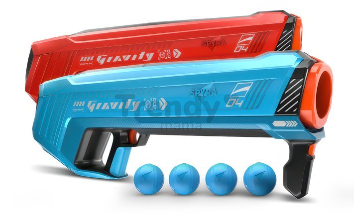 Vodný granátomet s farebným LED displejom SpyraGravity Red Spyra s integrovanou batériou s USB-C nabíjaním a 4 vodné granáty s dostrelom 16 m