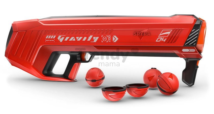 Vodný granátomet s farebným LED displejom SpyraGravity Red Spyra s integrovanou batériou s USB-C nabíjaním a 4 vodné granáty s dostrelom 16 m