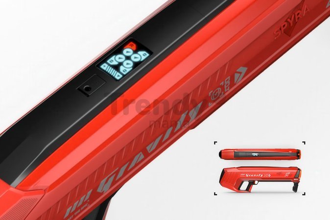 Vodný granátomet s farebným LED displejom SpyraGravity Red Spyra s integrovanou batériou s USB-C nabíjaním a 4 vodné granáty s dostrelom 16 m