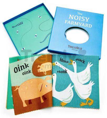 Textilná knižka Noisy Farmyard Rag Book ThreadBear s 12 domácimi zvieratkami 100% jemná bavlna v darčekovom balení od 0 mes