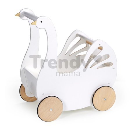 Drevený kočík labuť Sweet Swan Pram Tender Leaf Toys s textilným vankúšom a perinkou pre 36 cm bábiku od 18 mes