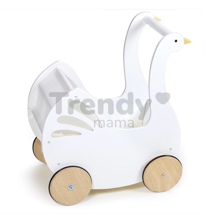 Drevený kočík labuť Sweet Swan Pram Tender Leaf Toys s textilným vankúšom a perinkou pre 36 cm bábiku od 18 mes