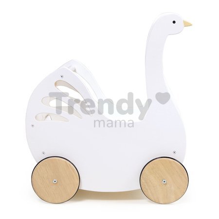 Drevený kočík labuť Sweet Swan Pram Tender Leaf Toys s textilným vankúšom a perinkou pre 36 cm bábiku od 18 mes