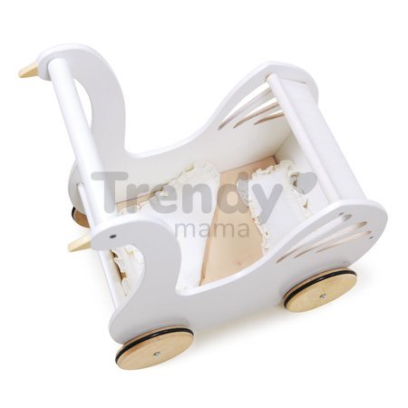 Drevený kočík labuť Sweet Swan Pram Tender Leaf Toys s textilným vankúšom a perinkou pre 36 cm bábiku od 18 mes