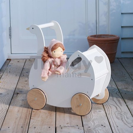 Drevený kočík labuť Sweet Swan Pram Tender Leaf Toys s textilným vankúšom a perinkou pre 36 cm bábiku od 18 mes