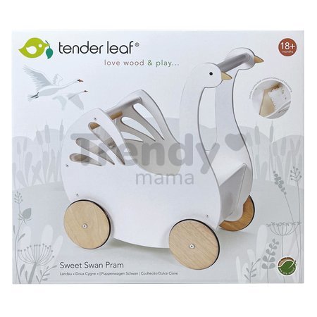 Drevený kočík labuť Sweet Swan Pram Tender Leaf Toys s textilným vankúšom a perinkou pre 36 cm bábiku od 18 mes