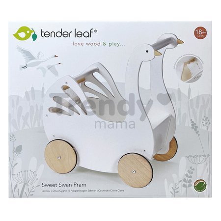 Drevený kočík labuť Sweet Swan Pram Tender Leaf Toys s textilným vankúšom a perinkou pre 36 cm bábiku od 18 mes
