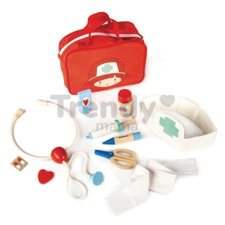 Lekárska taška červená Doctors and Nurses Tender Leaf Toys 12-dielna súprava s drevenými nástrojmi