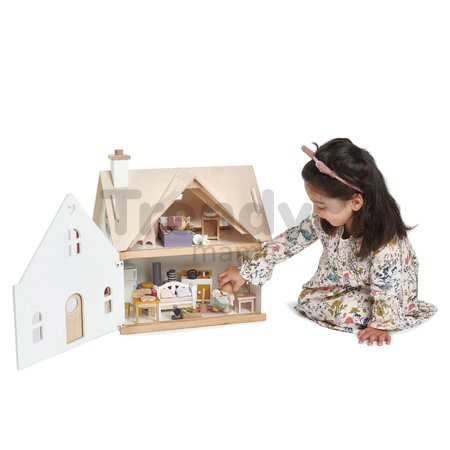 Drevený vidiecky domček pre bábiku Cottontail Cottage Tender Leaf Toys 13 dielov so štýlovým retro nábytkom výška 48 cm