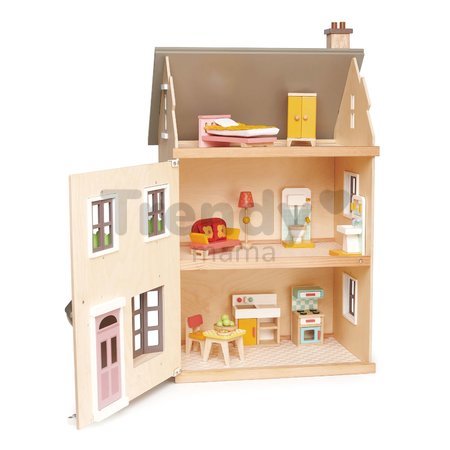 Drevený mestský domček pre bábiku Foxtail Villa Tender Leaf Toys 12 dielov vybavený s nábytkom výška 71 cm