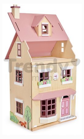 Drevený mestský domček pre bábiku Foxtail Villa Tender Leaf Toys ružový 12 dielov s nábytkom výška 71 cm
