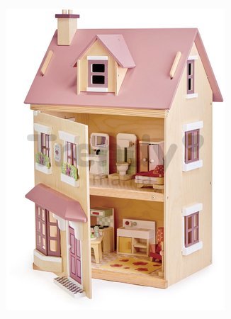 Drevený mestský domček pre bábiku Foxtail Villa Tender Leaf Toys ružový 12 dielov s nábytkom výška 71 cm