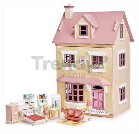 Drevený mestský domček pre bábiku Foxtail Villa Tender Leaf Toys ružový 12 dielov s nábytkom výška 71 cm