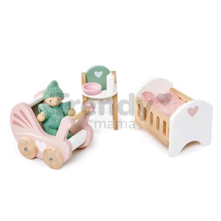 Drevená izba pre bábätko Dovetail Nursery Set Tender Leaf Toys s postavičkou v dupačkách