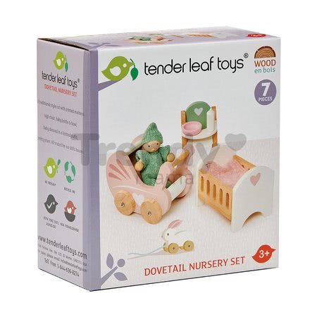 Drevená izba pre bábätko Dovetail Nursery Set Tender Leaf Toys s postavičkou v dupačkách