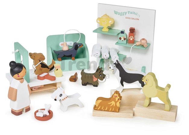 Drevený salón pre psíkov Waggy Tails Dog Salon Tender Leaf Toys so 7 figúrkami psíkov