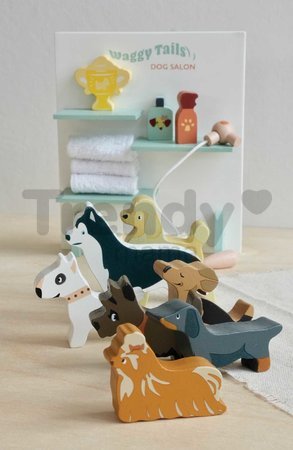 Drevený salón pre psíkov Waggy Tails Dog Salon Tender Leaf Toys so 7 figúrkami psíkov