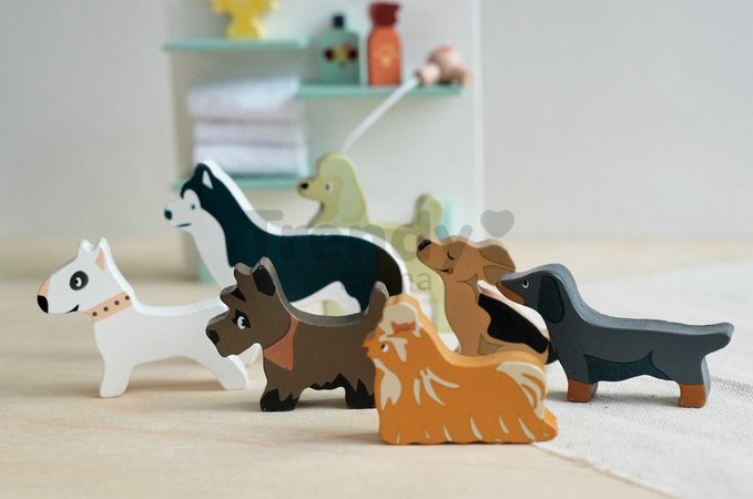 Drevený salón pre psíkov Waggy Tails Dog Salon Tender Leaf Toys so 7 figúrkami psíkov