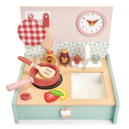 Drevená kuchynka v šuflíku Kitchenette Tender Leaf Toys s hodinami panvicou a potravinami