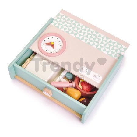 Drevená kuchynka v šuflíku Kitchenette Tender Leaf Toys s hodinami panvicou a potravinami