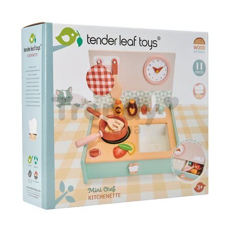 Drevená kuchynka v šuflíku Kitchenette Tender Leaf Toys s hodinami panvicou a potravinami