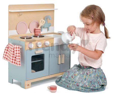 Drevená kuchynka s chlebom Home Kitchen Tender Leaf Toys s čajníkom, šálkami a riadom