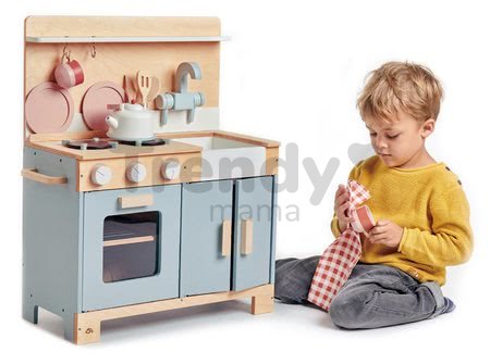 Drevená kuchynka s chlebom Home Kitchen Tender Leaf Toys s čajníkom, šálkami a riadom