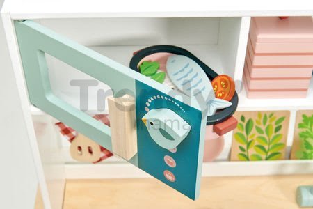 Drevená kuchynka s bylinkami Kitchen Range Tender Leaf Toys s magnetickou rybou, mikrovlnka a sporák so zvukmi