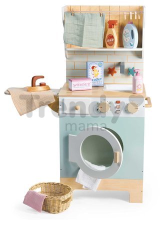 Drevená práčovňa s práčkou s predným plnením Laundrette Tender Leaf Toys s drezom žehličkou a kôš na bielizeň výška 92 cm