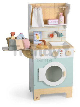 Drevená práčovňa s práčkou s predným plnením Laundrette Tender Leaf Toys s drezom žehličkou a kôš na bielizeň výška 92 cm