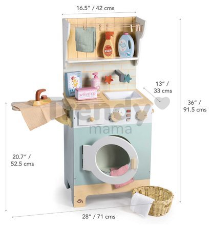 Drevená práčovňa s práčkou s predným plnením Laundrette Tender Leaf Toys s drezom žehličkou a kôš na bielizeň výška 92 cm