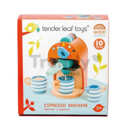 Drevený kávovar Espresso Tender Leaf Toys 10-dielna sada s 5 kapsulami 2 šálkami a nádobou na mlieko