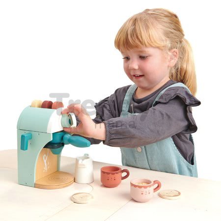 Drevený kávovar Cappuccino Babyccino Maker Tender Leaf Toys s dvoma šálkami a keksíky s mliekom