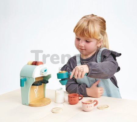 Drevený kávovar Cappuccino Babyccino Maker Tender Leaf Toys s dvoma šálkami a keksíky s mliekom